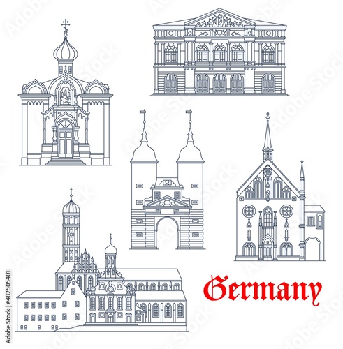 Germany, Baden-Baden and Heidelberg architecture, buildings and travel landmarks. Sankt Afra, Russische Orthodoxe Kirche and Lichtenthal Abbey Karlstor gates and city theater of Baden-Baden. Vector