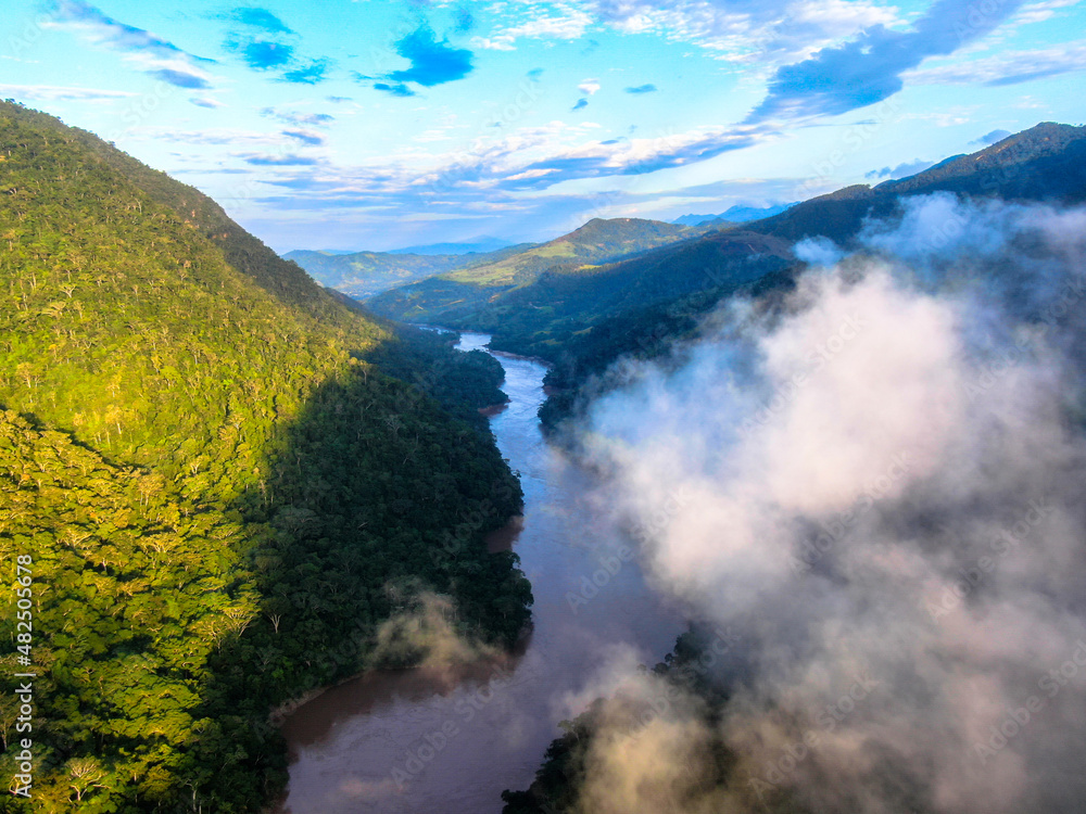 beautiful amazon landscape by drone with clouds