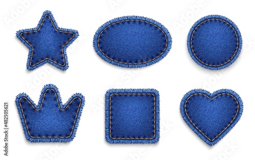 Blue jeans denim texture patches and labels. Vector crown, circle and heart star, cube. Realistic sturdy cotton twill fabric of denim jeans patches with yellow thread stitches and torn fringes edges
