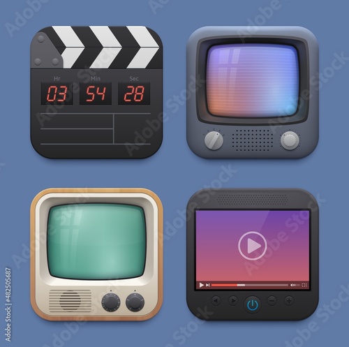 Movie clapper board, TV and video player interface icons. Television and video broadcasting mobile phone or computer application 3d vector icons with cinema clapperboard, vintage TV and movie player