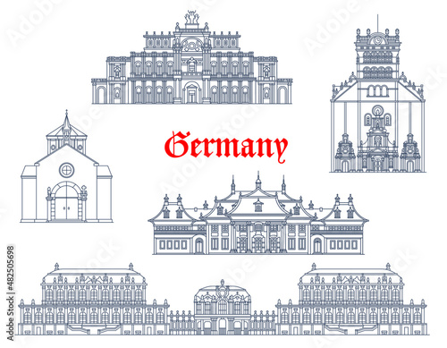 Germany, Dresden and Trier vector architecture buildings, travel landmarks. Pillnitz Schloss castle and Kreuzkirche or Church of Holy Cross, Semperoper opera house and Zwinger palace in Germany