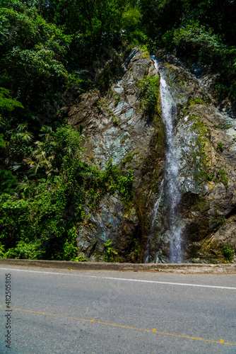 road in the forest with waterfall photo