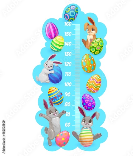Cartoon bunnies and eggs kids height chart, vector growth measure meter or stadiometer. Centimeter ruler scale with Easter painted eggs and cute rabbits, children height or growth chart wall sticker