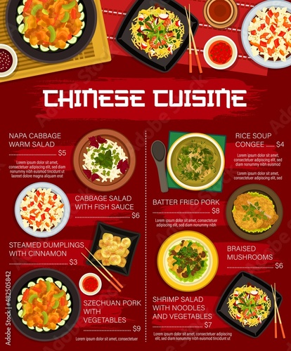 Chinese cuisine restaurant menu of vector meat, seafood and vegetable food. Asian rice soup, noodle shrimp and napa cabbage salads, szechuan pork, mushroom stew and steamed cinnamon dumplings