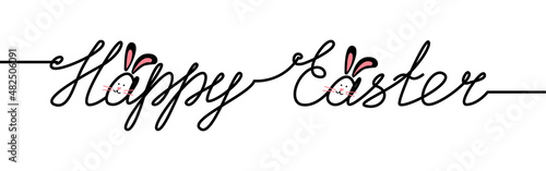 Happy Easter calligraphic hand lettering, handwritten inscription with bunny. Continuous one line drawing of phrase. Design element for Easter holidays single line art. Vector