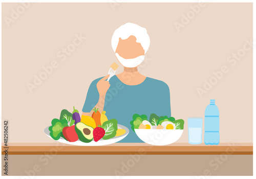 Healthy food for elderly  concept, old man and woman eating healthy food vector illustration