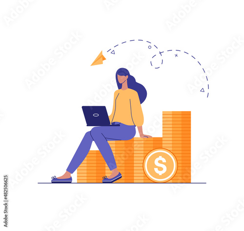 Online funding and investment concept. Internet banking, financial transactions, e-business and internet project. Young woman sitting on golden stacks coin with laptop. Flat vector illustration