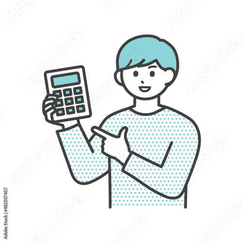 若い男性が電卓を持っているイラスト素材