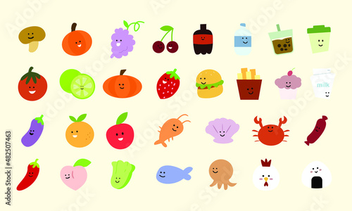 set of food and beverage illustrations in a cute design. fruit, vegetables, seafood, fast food, drink. kawaii illustrations with various happy expressions.