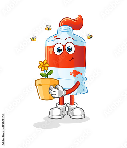 watercolor tube with a flower pot. character vector