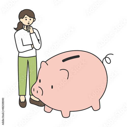 若い女性が豚の貯金箱を眺めているイラスト素材