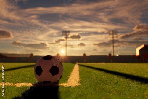 Soccer ball on grass field sunset scene © safri