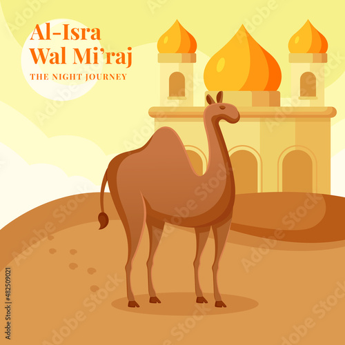 isra miraj nabi muhammad greeting card background style Premium Vector with camel vector