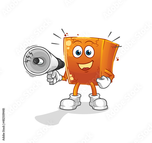 brick holding hand loudspeakers vector. cartoon character