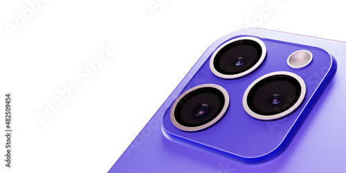 Camera of a modern smartphone, close-up. Triple camera phone, 3d render. Smartphone camera lens, macro. 3d illustration, isolated on a white background.