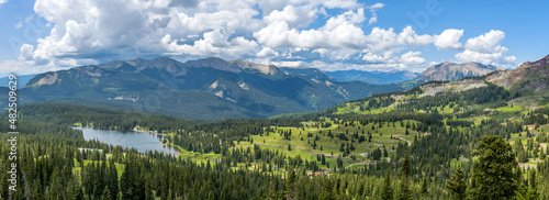 Summer Mountains - A panoramic overview of Lake Irwin at base of Anthracite Range on a stormy Summer day. Crested Butte, Colorado, USA.  photo