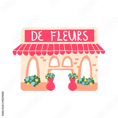 Cute French flower shop frontside with awning, hand-drawn florist shop, garden market building with blooming flowers.
