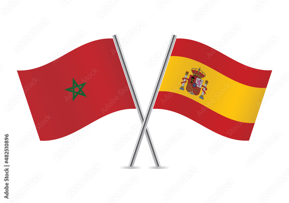 Morocco and Spain flags. Moroccan and Spanish flags, isolated on white background. Vector illustration.