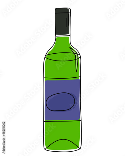 Green glass bottle with wine in doodle style isolated on a white background. Vector illustration.