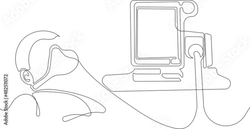 Vector illustration. Continuous drawing of one line of the patient lies in a hospital with the device of artificial ventilation of lungs. Severe pneumonia, consequences of coronavirus