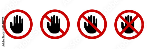 No hand icons. Red circle. Prohibited information sign. Stop touch. Outline symbol. Vector illustration. Stock image. 