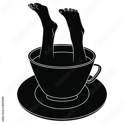 Two bare human legs sticking out of a cup of tea or coffee. Creative funny beverage concept. Black and white silhouette.