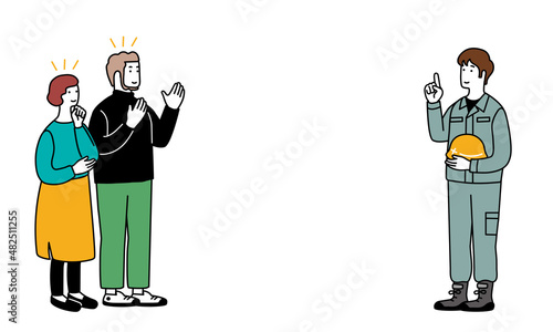 作業着を着た男性とカップルのシンプルなイラスト
