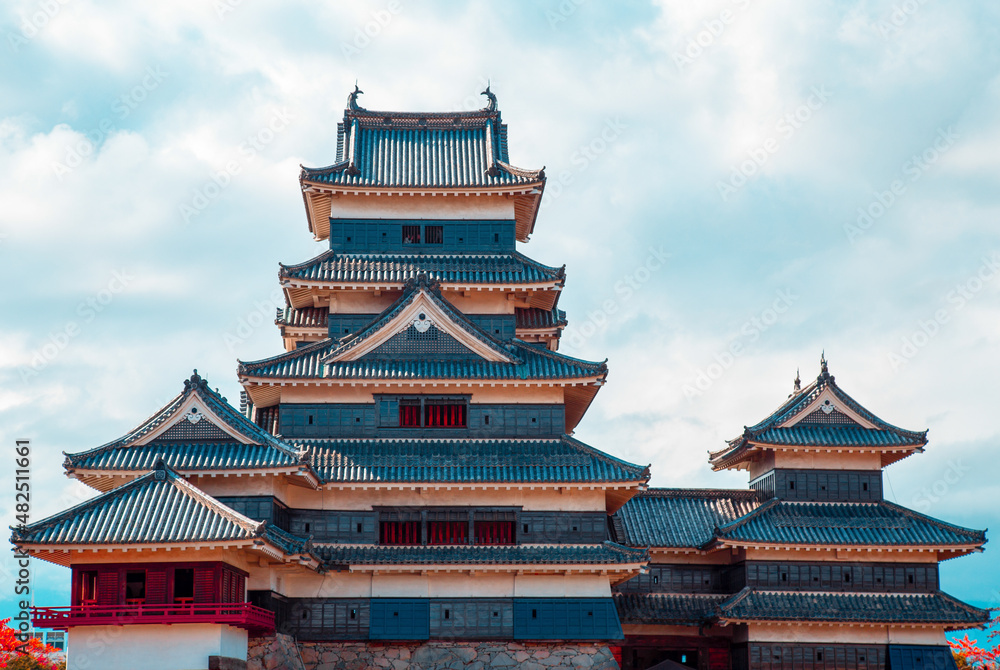 Straight on View of Matsumoto castle with blue skies in Japan