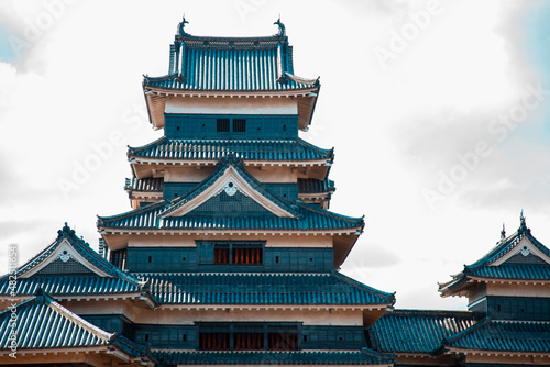 Close-up Straight View of Matsumoto castle with blue skies in Japan