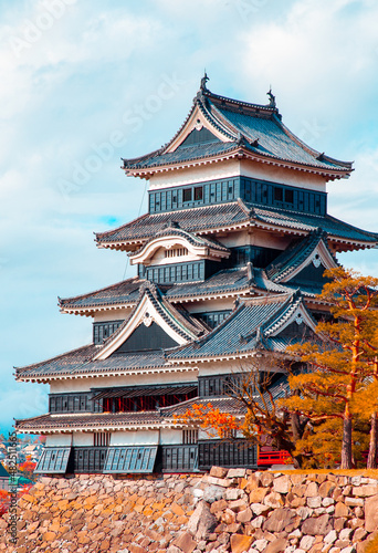 Vertical View of Matsumoto castle with blue skies in Japan