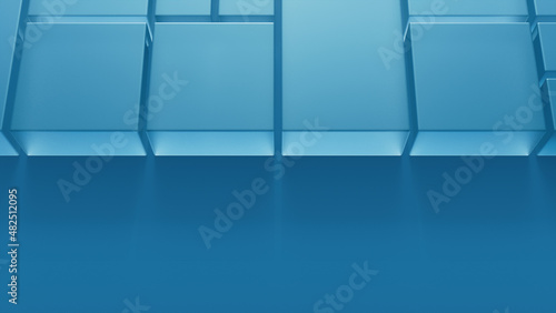 Frosted Glass Shapes on a Blue Surface. Innovative Tech Concept with space for copy. 3D Render.