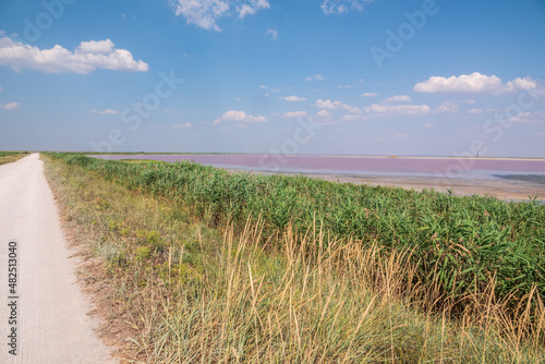 The road between the sea and pink salt lake.
