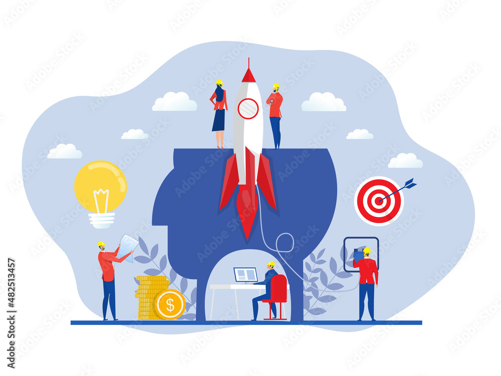 Business project startup process, idea through planning and strategy, team developers. a startup in the form of a rocket and management teamwork development. Vector illustration Business project startup process, idea through planning and strategy, team developers. a startup in the form of a rocket and management teamwork development. Vector illustration