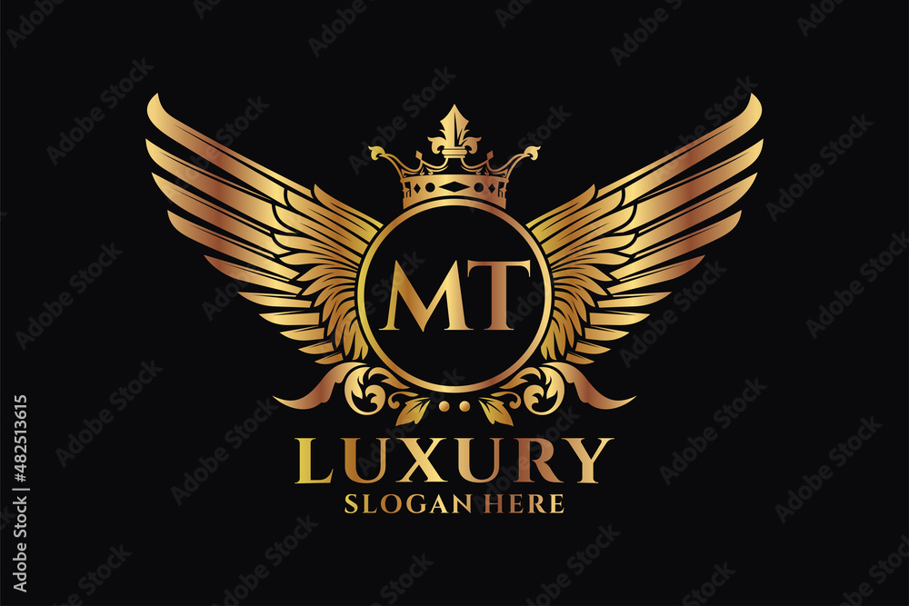 Luxury royal wing Letter MT crest Gold color Logo vector, Victory logo, crest logo, wing logo, vector logo template. - obrazy, fototapety, plakaty 