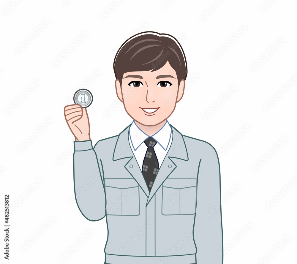 1円玉と男性 1円玉と男性