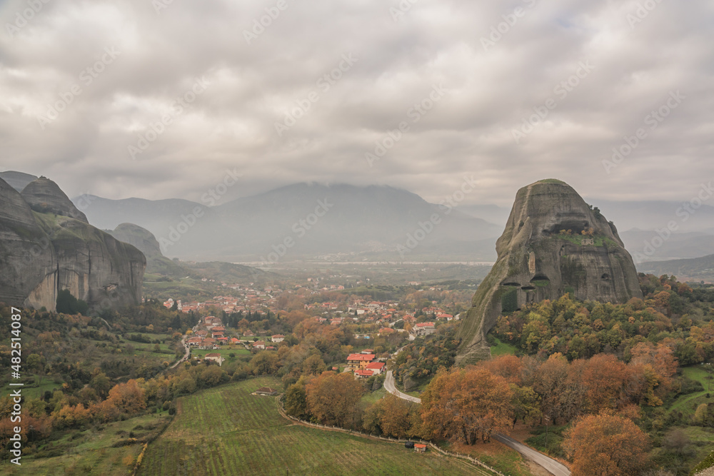 Town and rock formations in Meteora, Greece