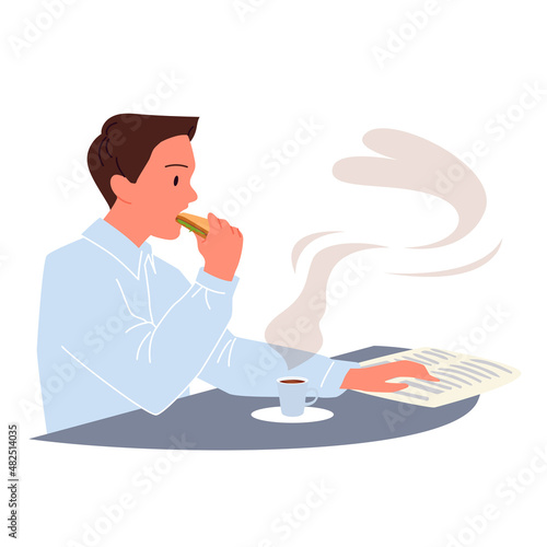 Coffee break of busy office worker vector illustration. Cartoon businessman eating sandwich, sitting at table of workplace, male business character working with fast food in hand isolated on white