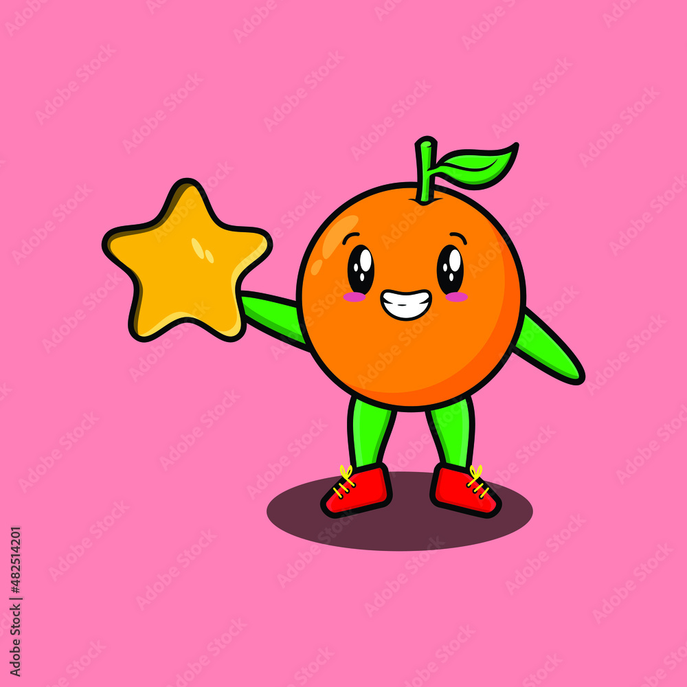 Cute cartoon mascot character orange mascot holding big golden star in