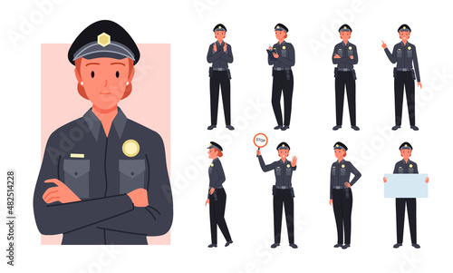 Police officer woman poses set vector illustration. Cartoon female worker holding ticket, stop sign and empty banner, standing with crossed arms and walking, front and side view isolated on white