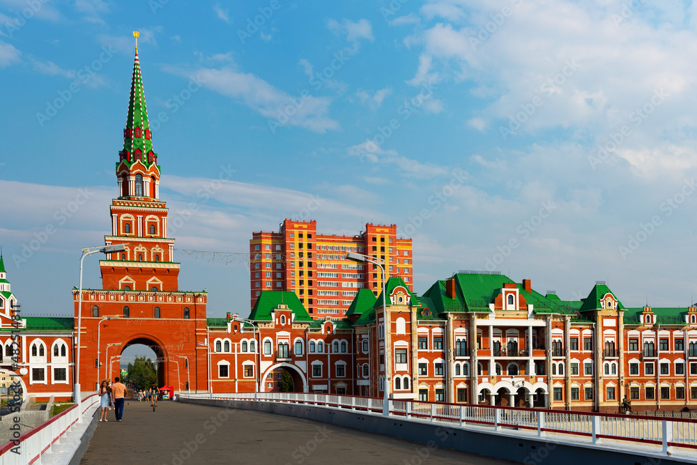 Fototapeta premium Brugge Embankment and Malaya Kokshaga River in Russian city Yoshkar-Ola in summertime.