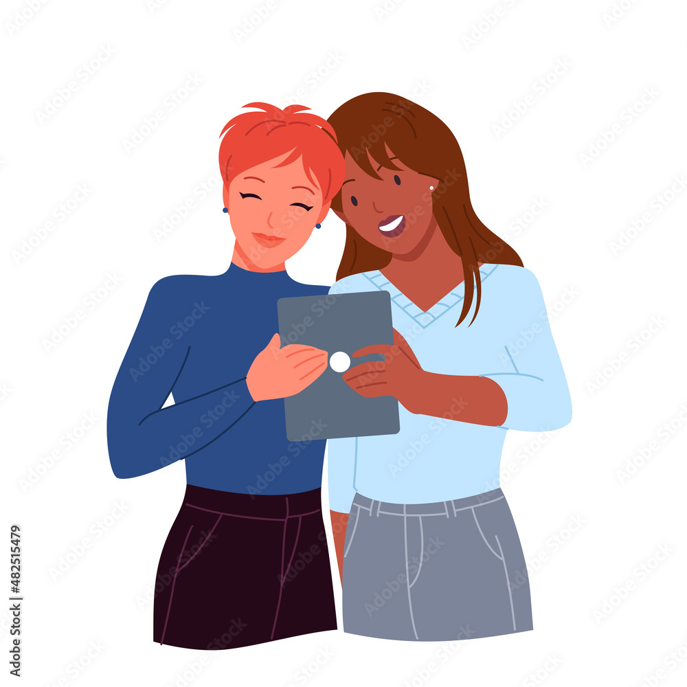Happy couple of women holding tablet to take selfie photo vector illustration. Cartoon cute adult two girls standing together for love portrait, girlfriends posing for camera isolated on white Happy couple of women holding tablet to take selfie photo vector illustration. Cartoon cute adult two girls standing together for love portrait, girlfriends posing for camera isolated on white