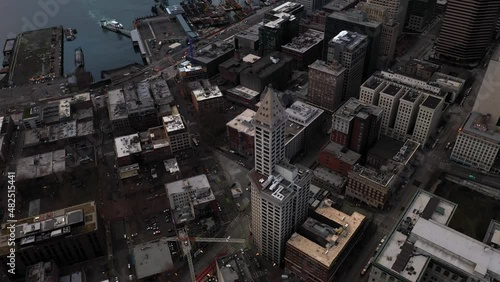 Aerial of Seattle's iconic Smith Tower and the surrounding Pioneer Square neighborhood. photo