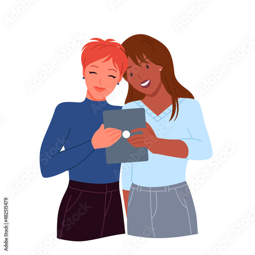Happy couple of women holding tablet to take selfie photo vector illustration. Cartoon cute adult two girls standing together for love portrait, girlfriends posing for camera isolated on white