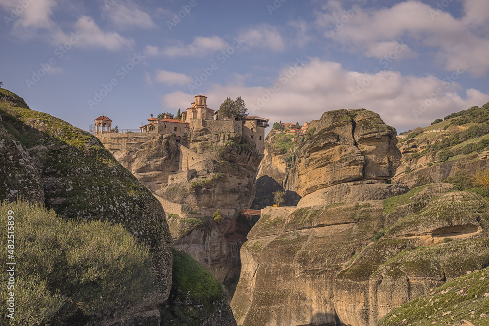 Looking across the valley at a monastery in Meteora, Greece