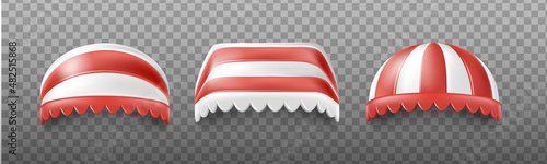 3d realistic vector icon set. Collection of canopy for pop up stores. Red striped parasoles.