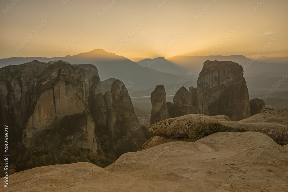 Sunset looking across the rock formations in Meteora, Greece