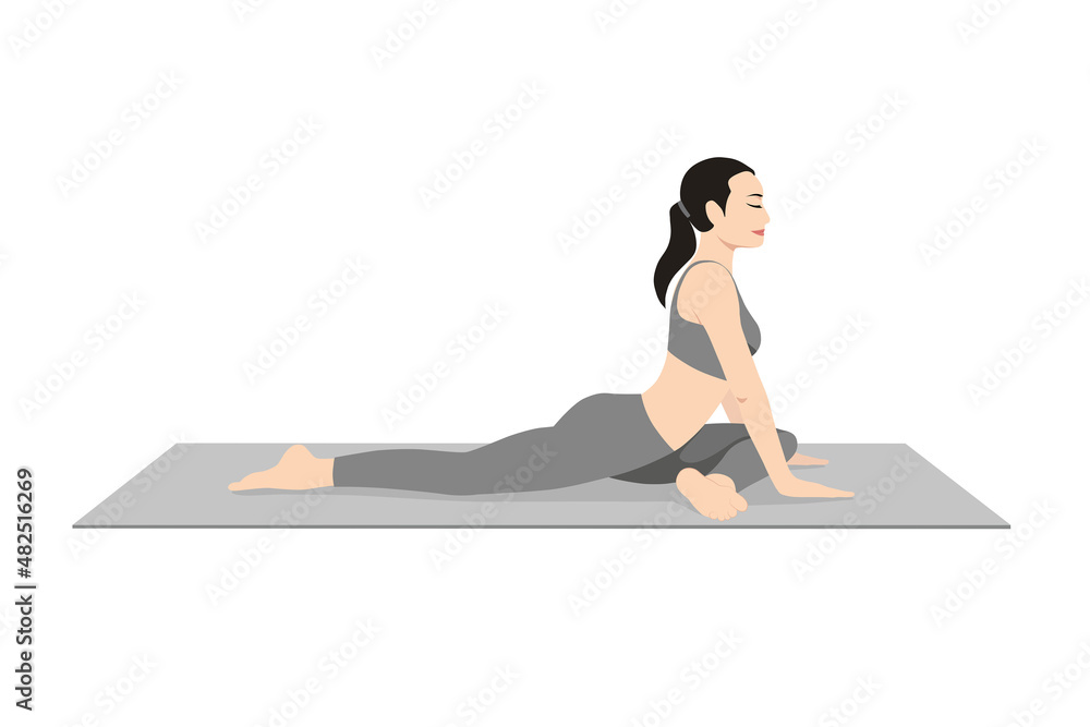 Half Pigeon Pose. Beautiful girl practice Ardha Kapotasana. Young attractive woman practicing yoga exercise. working out, black wearing sportswear, grey pants and top, indoor full length, calmness Half Pigeon Pose. Beautiful girl practice Ardha Kapotasana. Young attractive woman practicing yoga exercise. working out, black wearing sportswear, grey pants and top, indoor full length, calmness