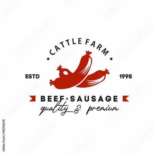 ILLUSTRATION VECTOR GRAPHIC OF BEEF LONG RED SAUSAGE FROM CATTLE FARM PREMIUM QUALITY GOOD FOR RETAIL GROCERIES SAUSAGE SHOP INDUSTRY VINTAGE LOGO