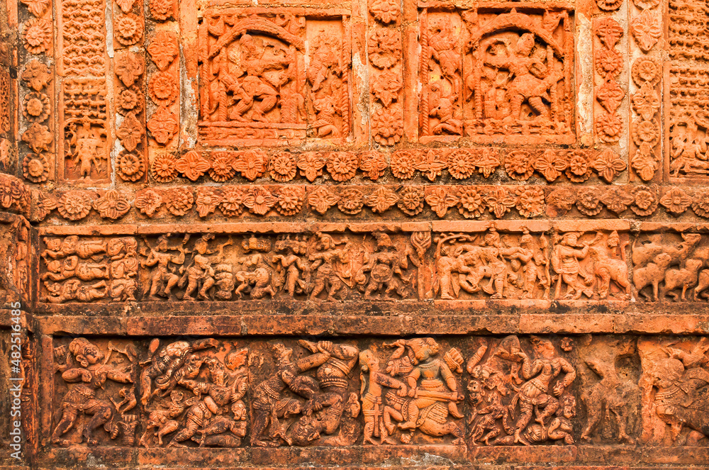 Figurines made of terracotta at Radhagobinda Temple, Bishnupur , West Bengal, India .