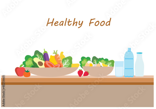 Healthy food concept, vegetables, fruits, water and milk vector illustration